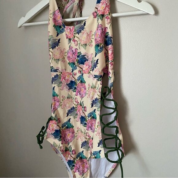 Military Hippie Bathing Suit One Piece Lace Up Sides Open Back Floral Print - Picture 2 of 8